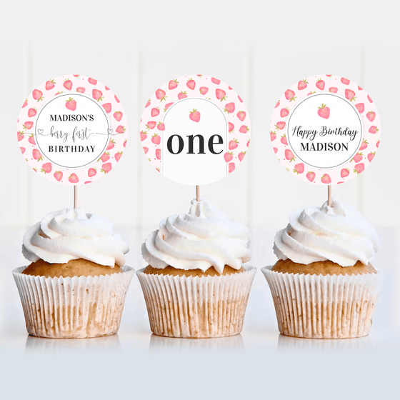 Editable Strawberry  Birthday Cupcake Toppers BF01
