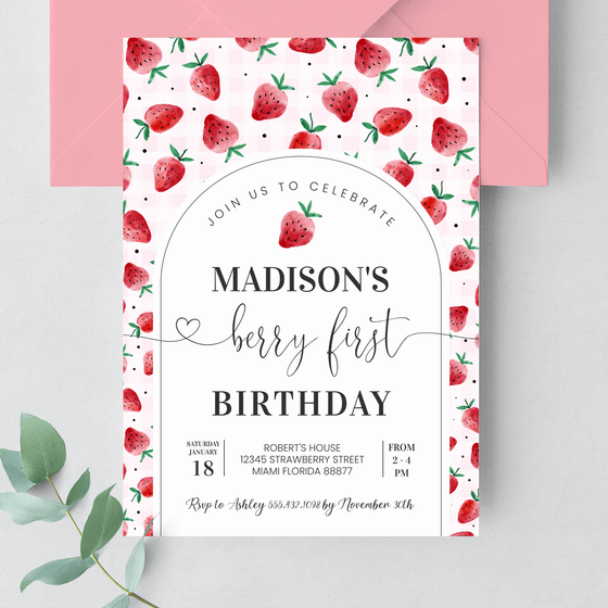 Editable Berry First Birthday Invitation Strawberry  BF24