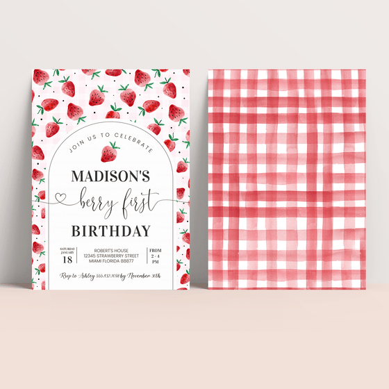 Editable Berry First Birthday Invitation Strawberry  BF24