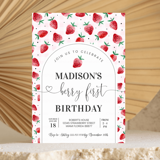 Editable Berry First Birthday Invitation Strawberry  BF24