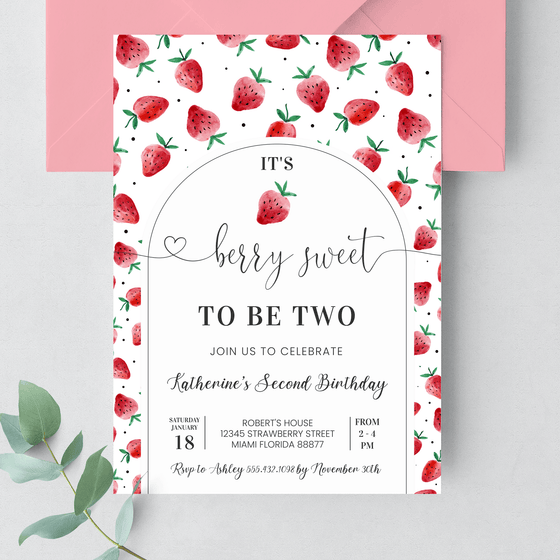 Editable Berry Sweet 2nd Birthday Invitation BF27