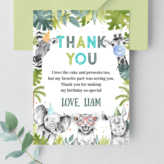 Editable Party Animals Birthday Thank You Card S105
