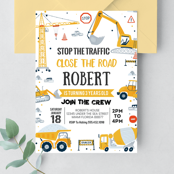 Editable Construction Birthday Invitation C001
