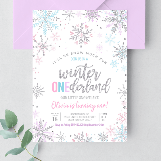 Editable Winter Onederland Birthday Invitation W004