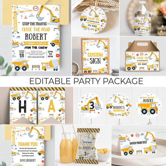Editable Construction Birthday Party Package C001
