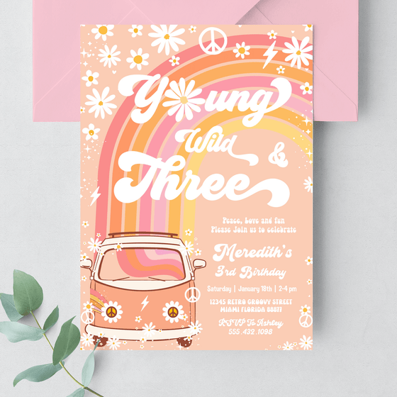 Editable Young Wild And Three Birthday Invitation G303