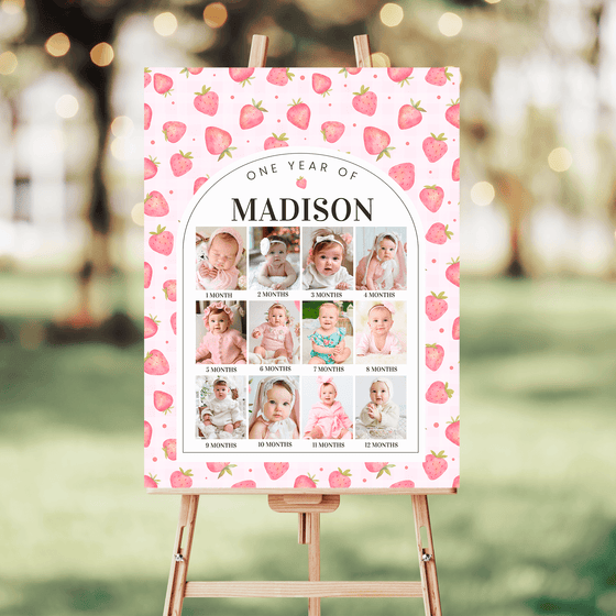 Editable Berry First Birthday Photo Poster Strawberry BF03