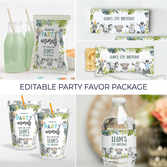 Editable Party Animals Birthday Party Favor Package S105