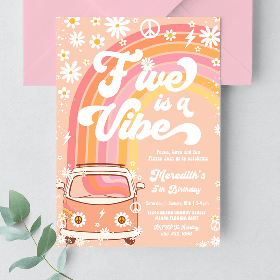 Editable Five Is A Vibe Birthday InvitationG305