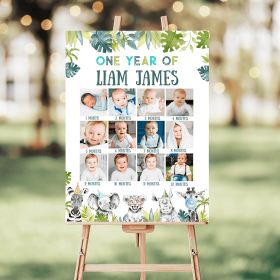 Editable Party Animals Birthday Monthly Photo Collage Poster S105