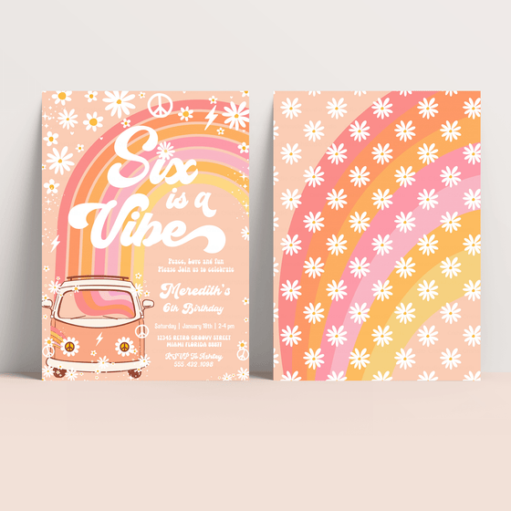 Editable Six Is A Vibe Birthday Invitation G306