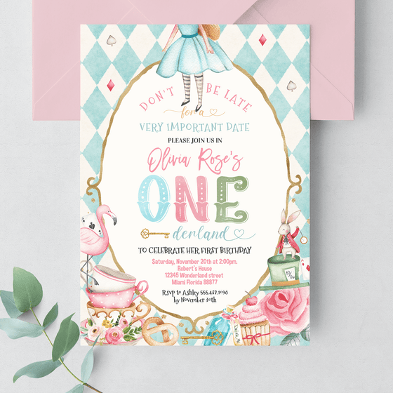 Editable Alice In Onederland Invitation A201