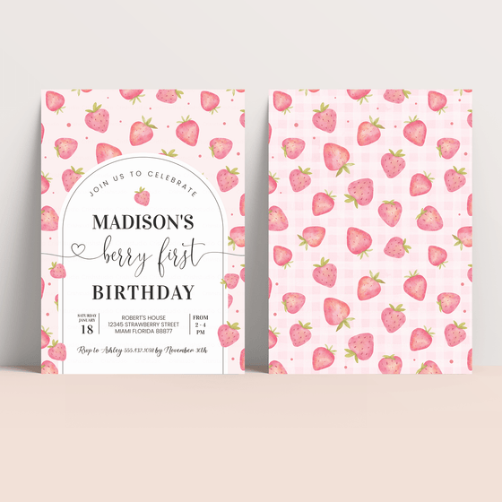 Editable Berry First Birthday Invitation Strawberry BF01