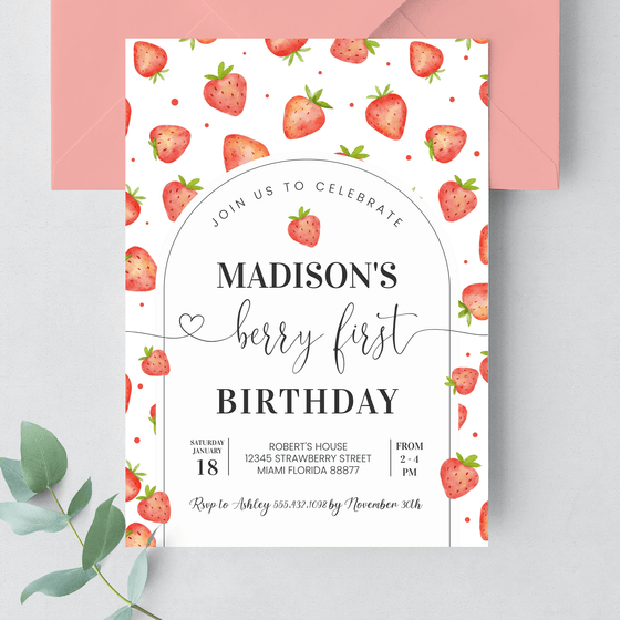 Editable Berry First Birthday Invitation Strawberry BF02
