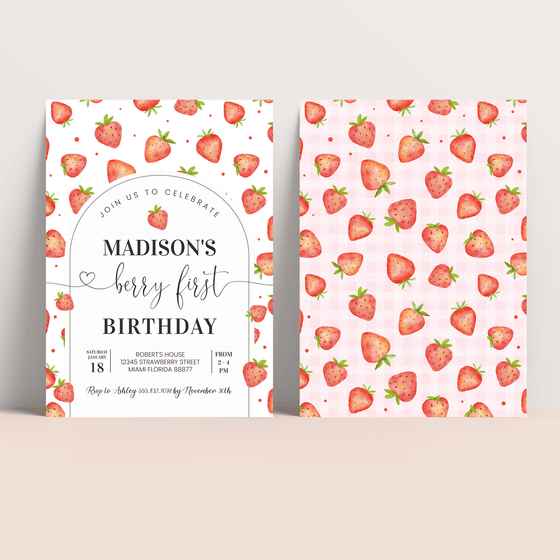 Editable Berry First Birthday Invitation Strawberry BF02
