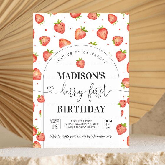 Editable Berry First Birthday Invitation Strawberry BF02
