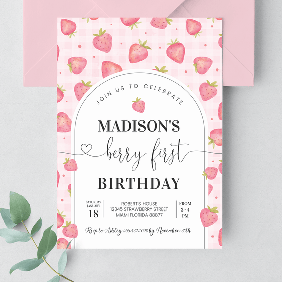 Editable Berry First Birthday Invitation Strawberry BF03