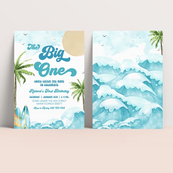 Editable Boy The Big One Surfing Invitation BO1