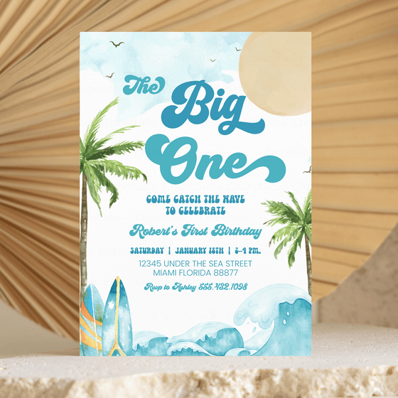 Editable Boy The Big One Surfing Invitation BO1