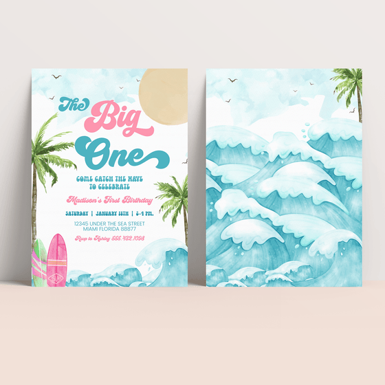 Editable Girl The Big One Surfing Invitation BO2