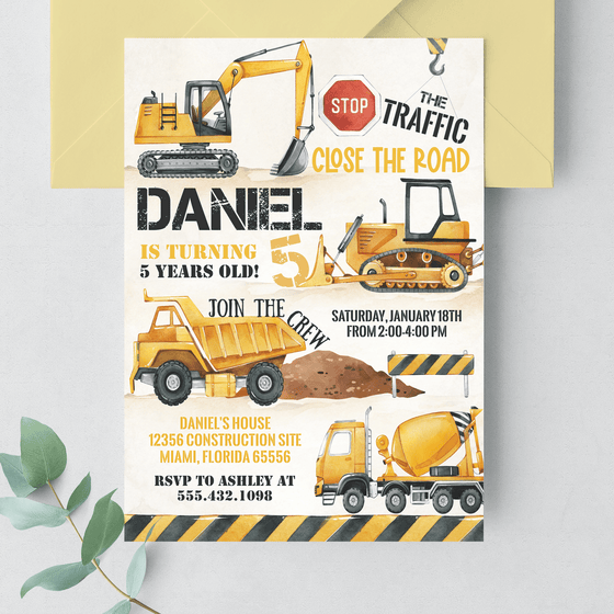Editable Construction Birthday Invitation C002
