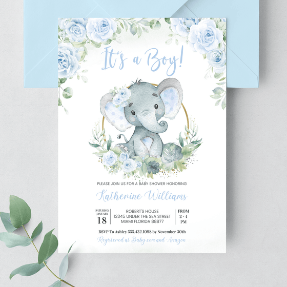 Editable It's a Boy Elephant Baby Shower Invitation E101