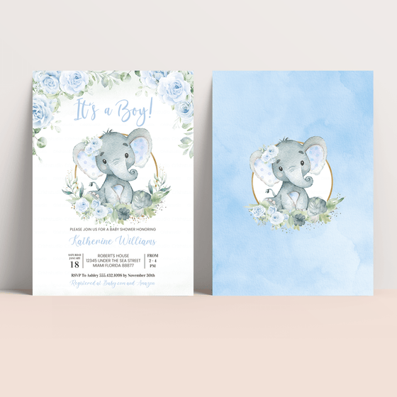 Editable It's a Boy Elephant Baby Shower Invitation E101