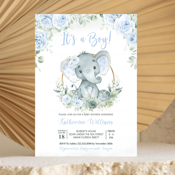 Editable It's a Boy Elephant Baby Shower Invitation E101