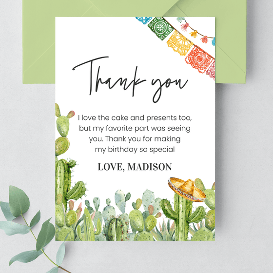EditableFirst Fiesta Birthday Thank You Card FT101