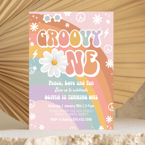 Editable Groovy ONE birthday invitation G101