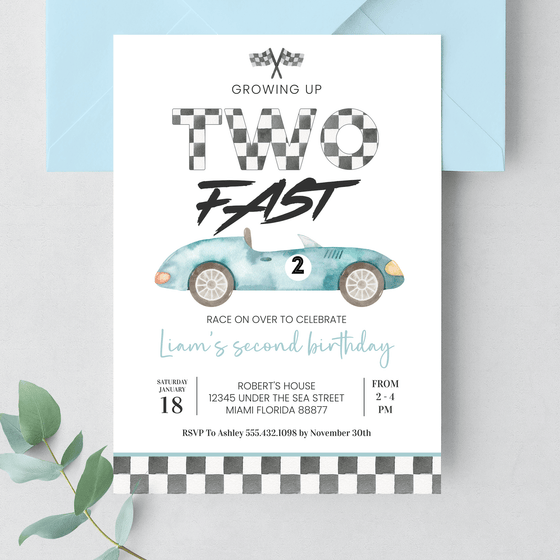 Editable TWO Fast Birthday Invitation Race Car R102