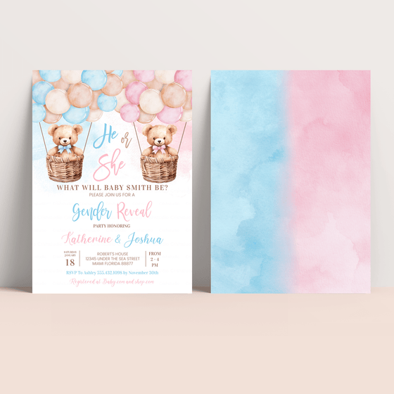 Editable Teddy Bear Gender Reveal Invitation T701