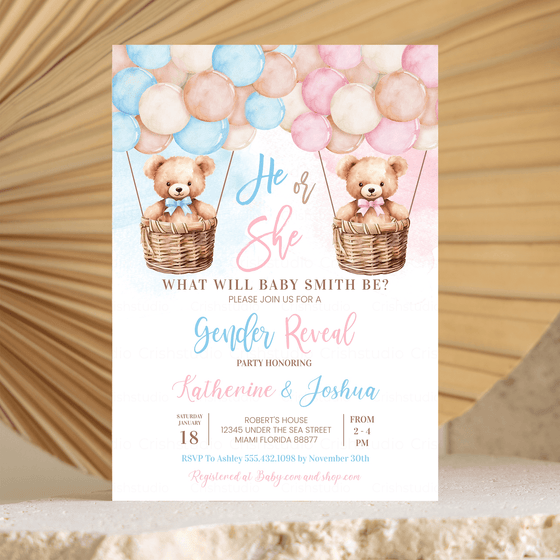 Editable Teddy Bear Gender Reveal Invitation T701