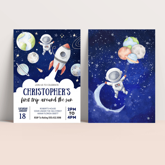 Editable First Trip Around the Sun Outer Space Invitation TA01