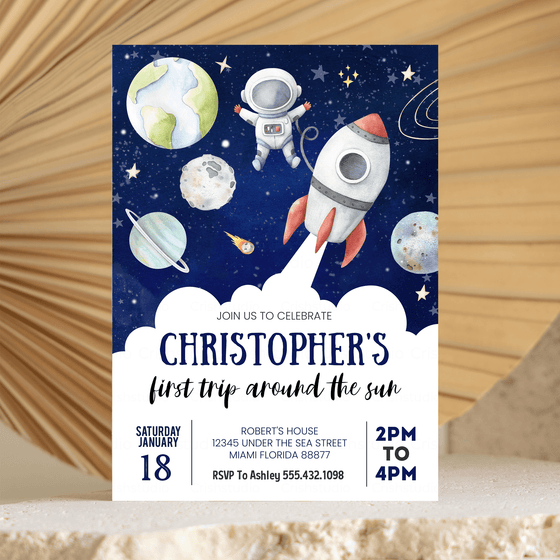 Editable First Trip Around the Sun Outer Space Invitation TA01