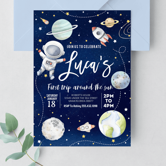Editable First Trip Around the Sun Outer Space Invitation TA03