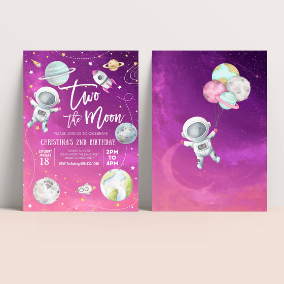 Editable Two The Moon Girl Birthday Invitation TM02