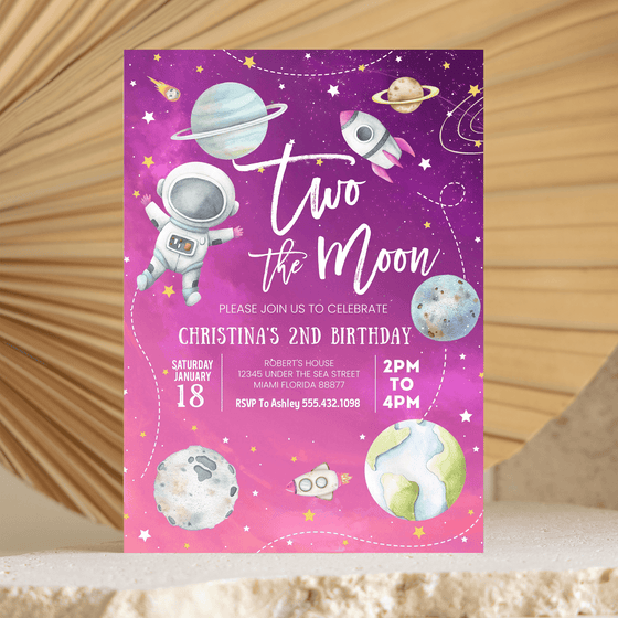 Editable Two The Moon Girl Birthday Invitation TM02