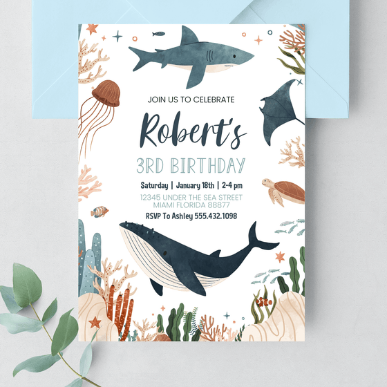 Editable Under The Sea 1st Birthday Invitation US01