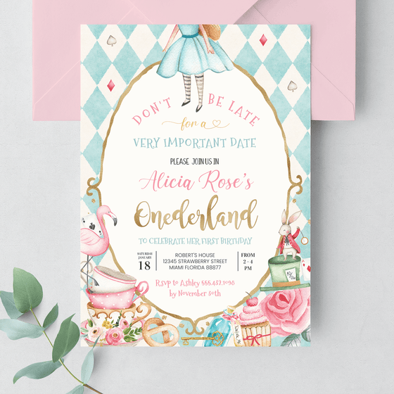 Editable Alice In Onederland Invitation A101