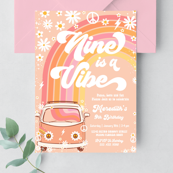 Editable Nine Is A Vibe Birthday Invitation G309