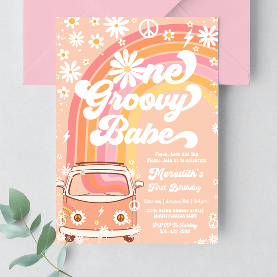 Editable One Groovy Babe Birthday Invitation G312