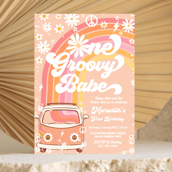 Editable One Groovy Babe Birthday Invitation G312