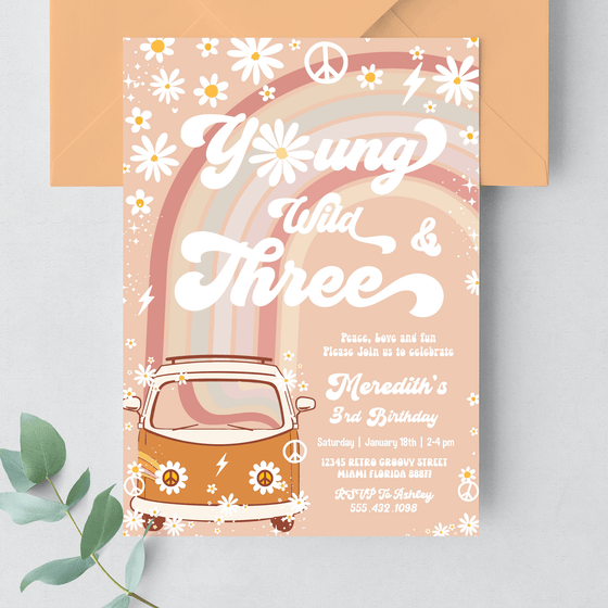Editable Young Wild And Three Birthday Invitation  G603