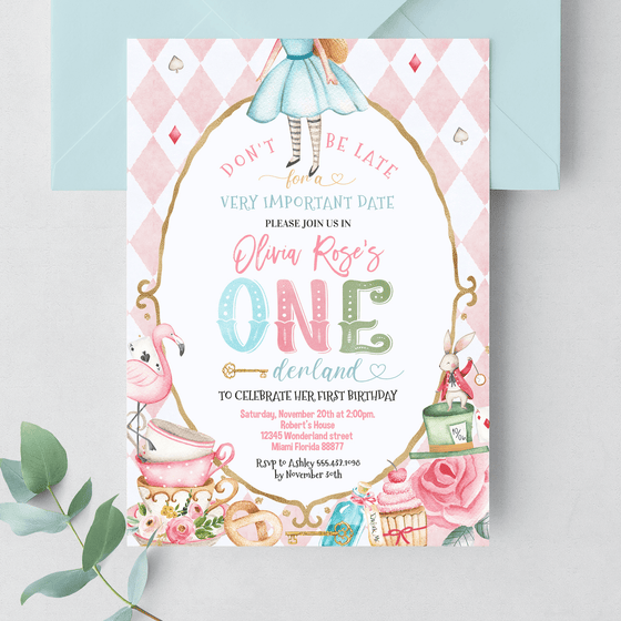 Editable Alice In Onederland Invitation A202