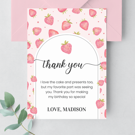 Editable Strawberry  Birthday Thank You Card BF01