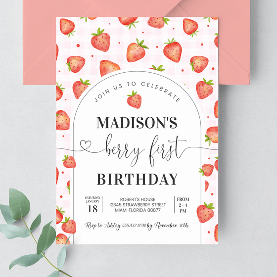 Editable Berry First Birthday Invitation Strawberry BF04