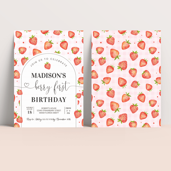 Editable Berry First Birthday Invitation Strawberry BF04