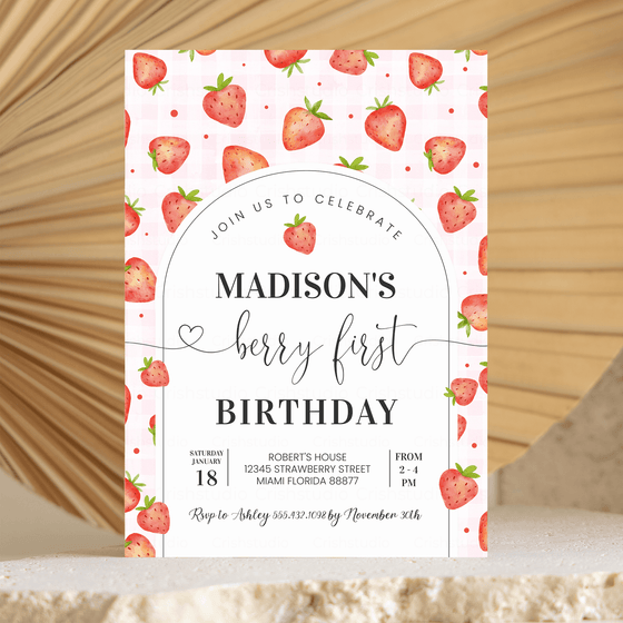 Editable Berry First Birthday Invitation Strawberry BF04