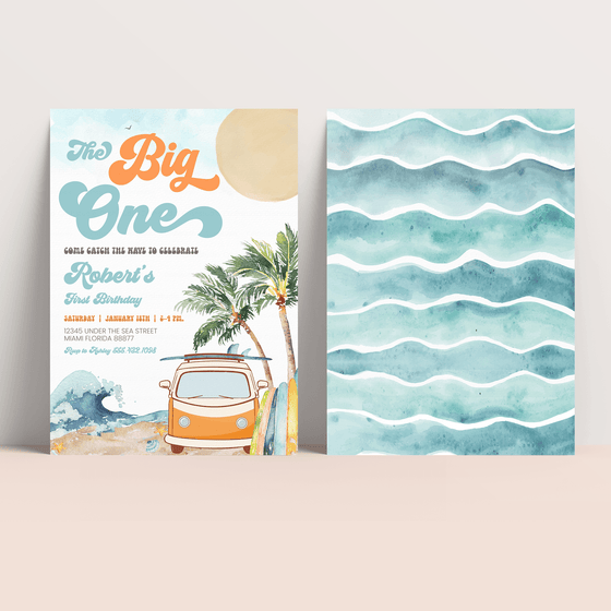Editable Boy The Big One Surfing Invitation BO3